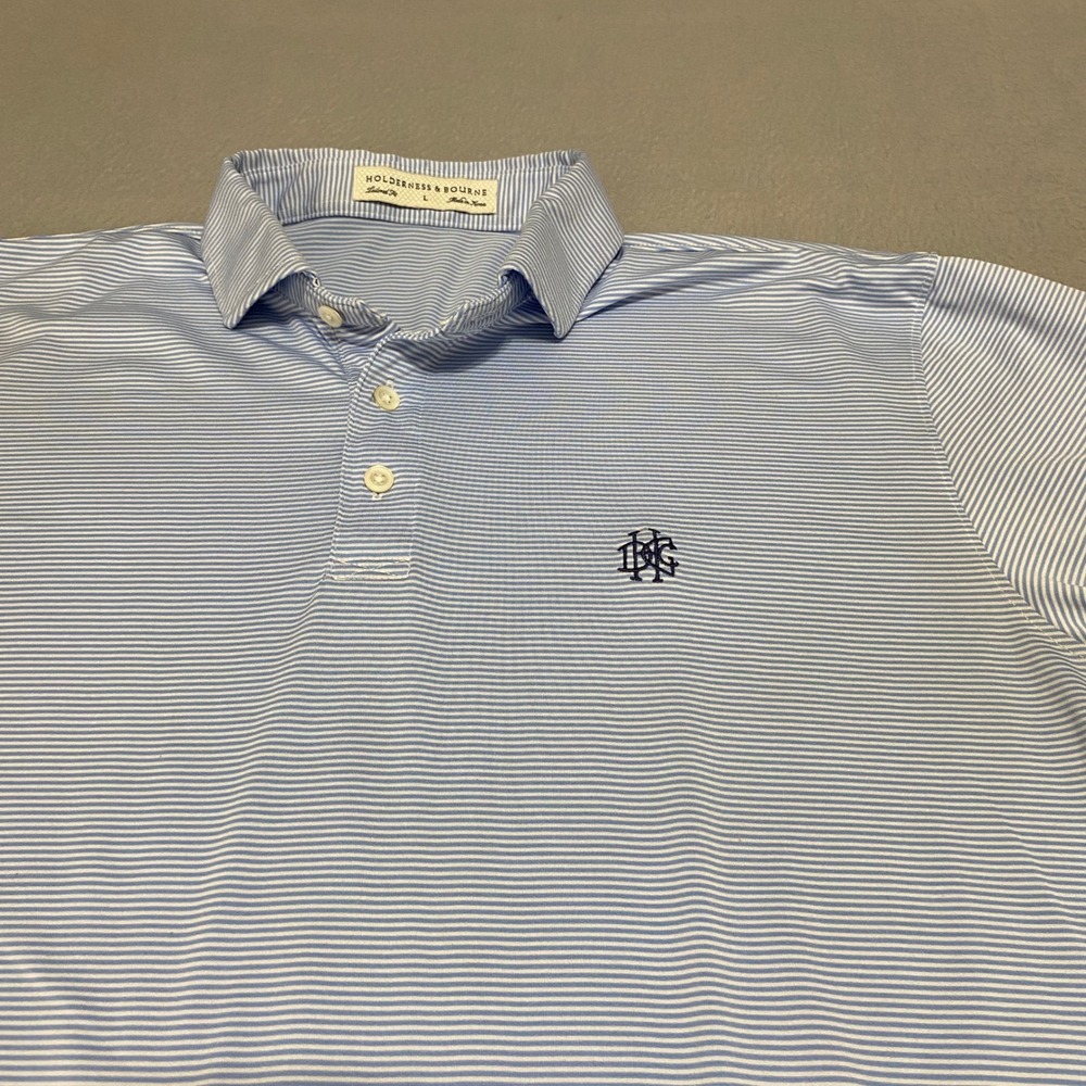 Holderness & Bourne Perkins Detroit Golf Club Polo Shirt Men L Blue White Stripe - Picture 9 of 9